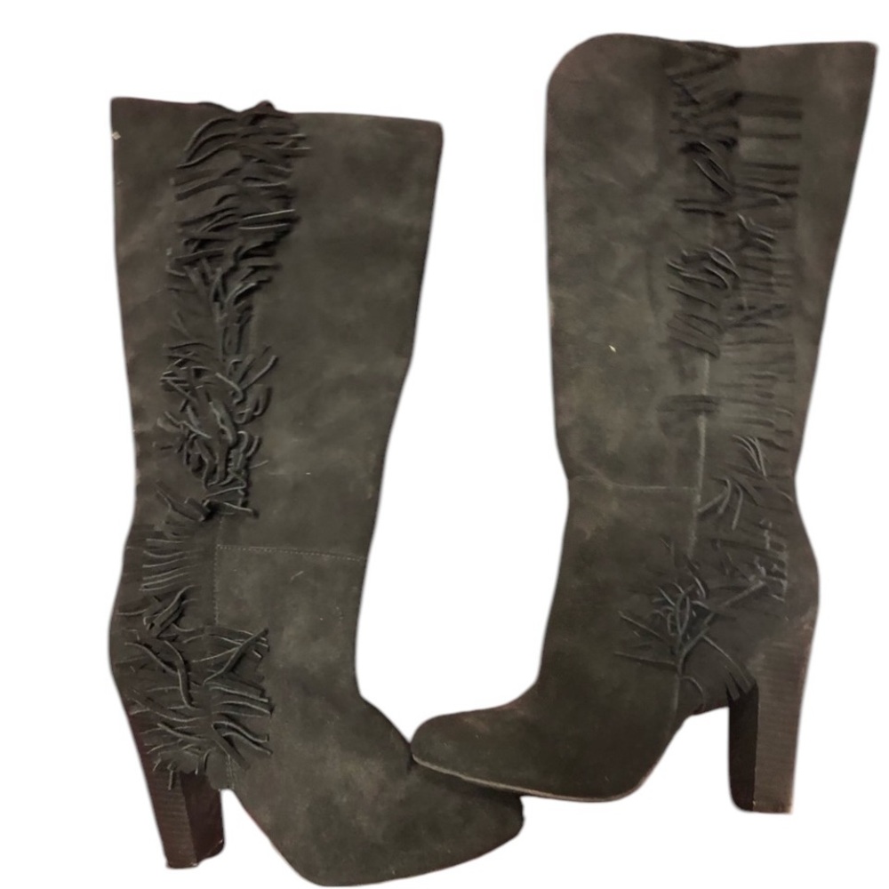GAP size 10 Black Leather fringed knee high boots side zip stacked heel NWOT